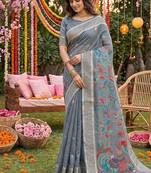 Grey banarasi silk blend saree with multicolor meenakari peacock weaving