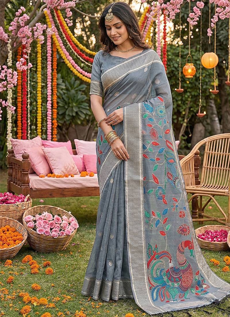 Grey banarasi silk blend saree with multicolor meenakari peacock weaving