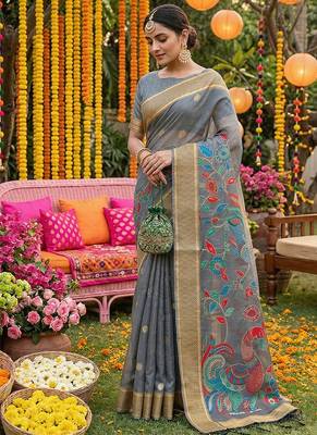 Grey banarasi silk blend saree with multicolor meenakari peacock weaving 3