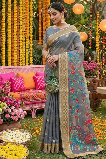 Grey banarasi silk blend saree with multicolor meenakari peacock weaving