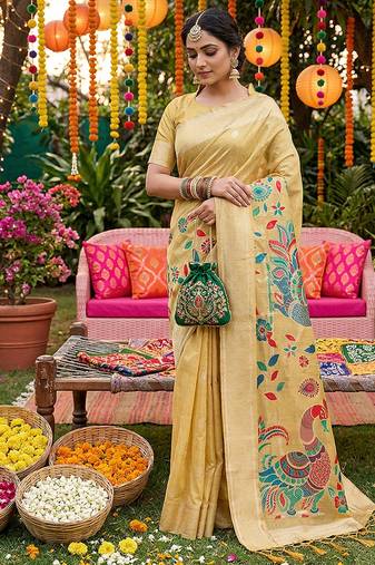 Light yellow banarasi silk blend saree with multicolor meenakari peacock weaving