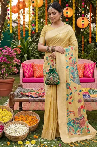 Light yellow banarasi silk blend saree with multicolor meenakari peacock weaving