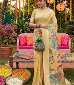 Light yellow banarasi silk blend saree with multicolor meenakari peacock weaving
