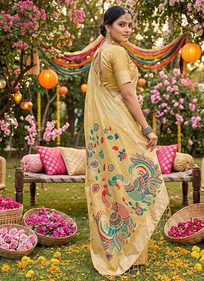 Light yellow banarasi silk blend saree with multicolor meenakari peacock weaving 2