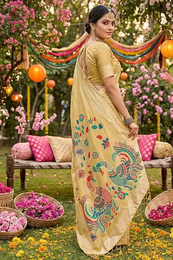 Light yellow banarasi silk blend saree with multicolor meenakari peacock weaving