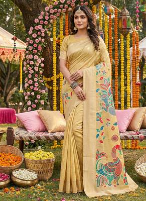 Light yellow banarasi silk blend saree with multicolor meenakari peacock weaving 3