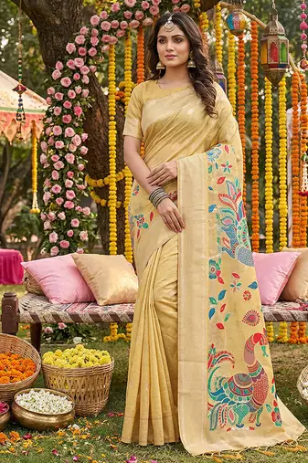 Light yellow banarasi silk blend saree with multicolor meenakari peacock weaving
