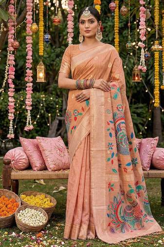 Peach banarasi silk blend saree with multicolor meenakari peacock weaving