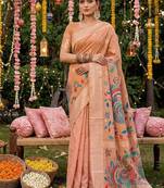 Peach banarasi silk blend saree with multicolor meenakari peacock weaving