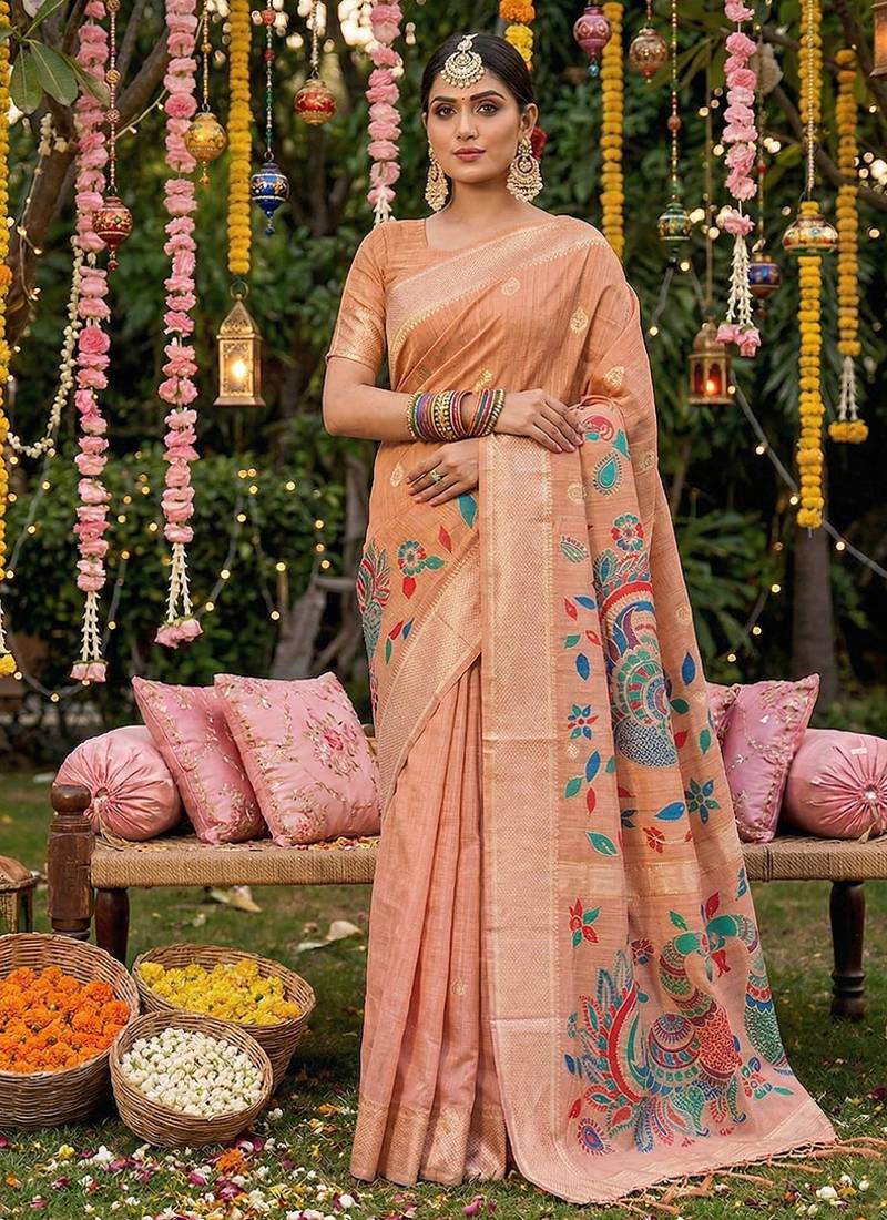Peach banarasi silk blend saree with multicolor meenakari peacock weaving