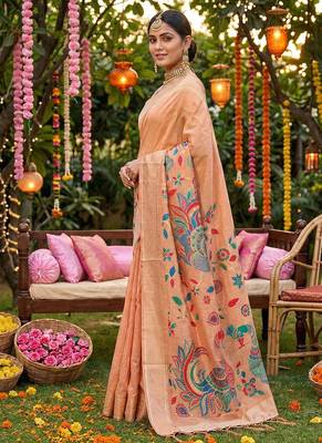 Peach banarasi silk blend saree with multicolor meenakari peacock weaving 2