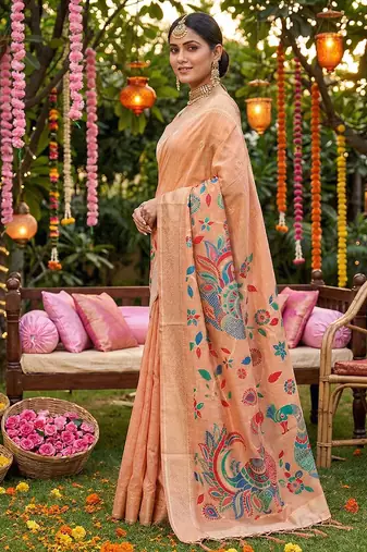 Peach banarasi silk blend saree with multicolor meenakari peacock weaving