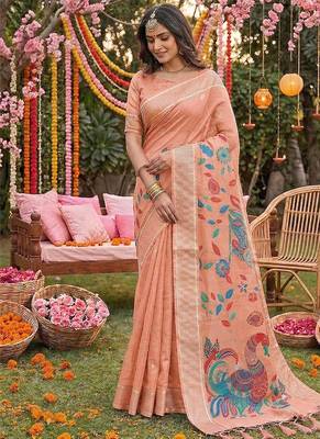 Peach banarasi silk blend saree with multicolor meenakari peacock weaving 3