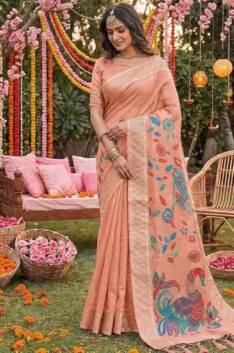 Peach banarasi silk blend saree with multicolor meenakari peacock weaving