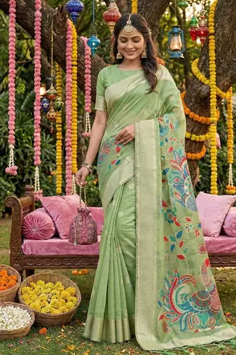 Mint green banarasi silk blend saree with multicolor meenakari peacock weaving