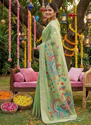 Mint green banarasi silk blend saree with multicolor meenakari peacock weaving 2