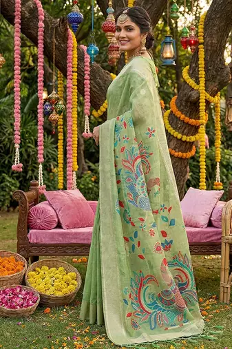 Mint green banarasi silk blend saree with multicolor meenakari peacock weaving
