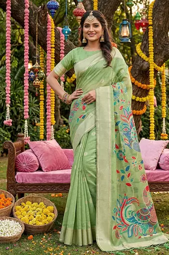 Mint green banarasi silk blend saree with multicolor meenakari peacock weaving