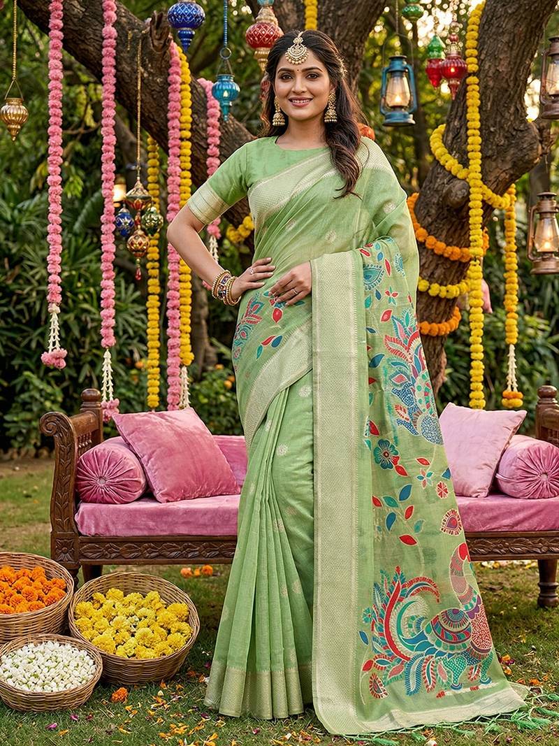 Mint green banarasi silk blend saree with multicolor meenakari peacock weaving