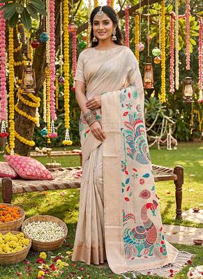 Off white banarasi silk blend saree with multicolor meenakari peacock weaving 1