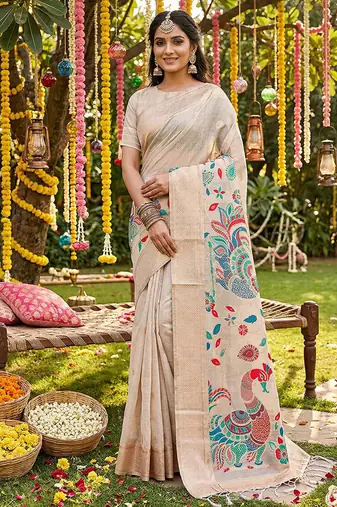 Off white banarasi silk blend saree with multicolor meenakari peacock weaving