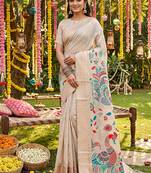 Off white banarasi silk blend saree with multicolor meenakari peacock weaving