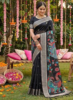 Black banarasi silk blend saree with multicolor meenakari peacock weaving 1