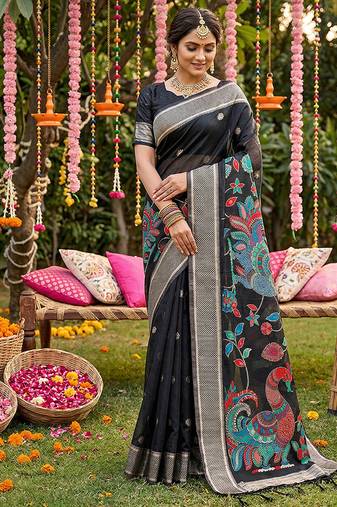Black banarasi silk blend saree with multicolor meenakari peacock weaving