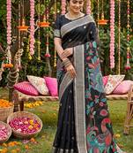 Black banarasi silk blend saree with multicolor meenakari peacock weaving