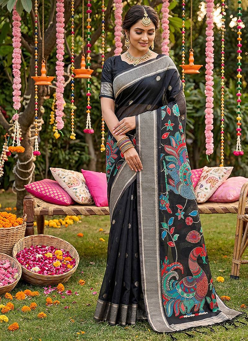 Black banarasi silk blend saree with multicolor meenakari peacock weaving