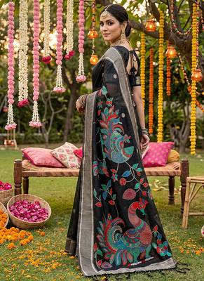Black banarasi silk blend saree with multicolor meenakari peacock weaving 2