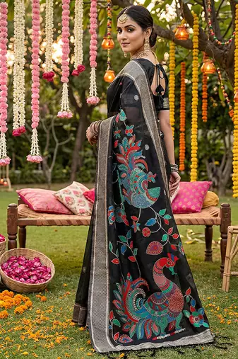 Black banarasi silk blend saree with multicolor meenakari peacock weaving