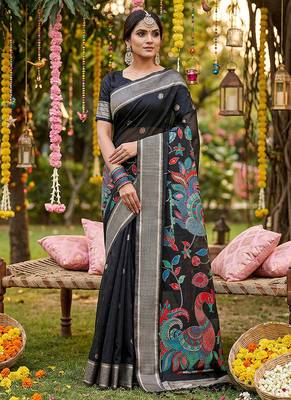 Black banarasi silk blend saree with multicolor meenakari peacock weaving 3