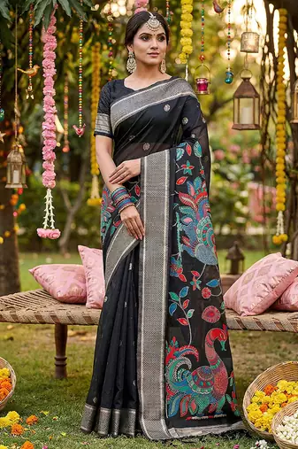 Black banarasi silk blend saree with multicolor meenakari peacock weaving