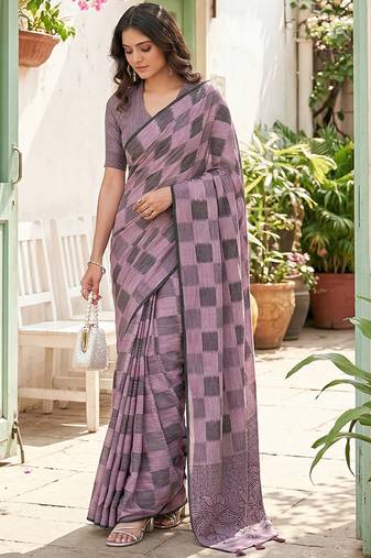 Lavender linen cotton blend saree with geometric checkered patterns