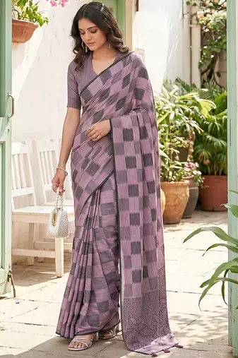 Lavender linen cotton blend saree with geometric checkered patterns