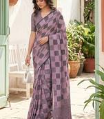 Lavender linen cotton blend saree with geometric checkered patterns