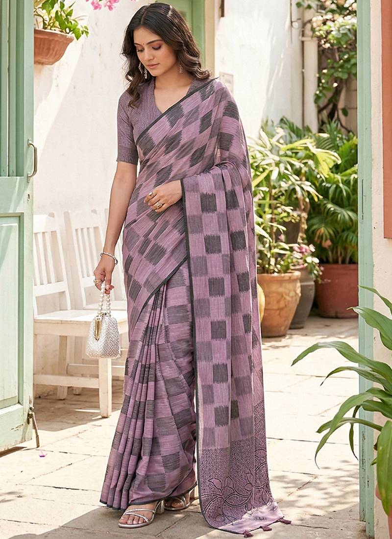 Lavender linen cotton blend saree with geometric checkered patterns
