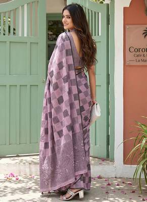 Lavender linen cotton blend saree with geometric checkered patterns 2