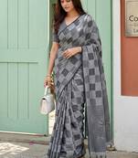 Grey linen cotton blend saree with geometric checkered patterns