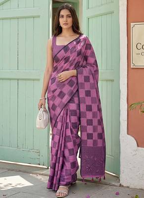Magenta linen cotton blend saree with geometric checkered patterns 1