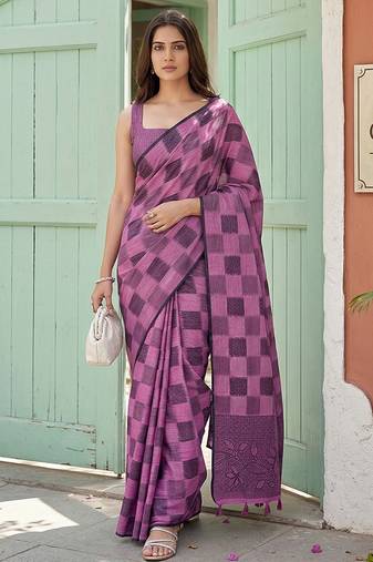 Magenta linen cotton blend saree with geometric checkered patterns