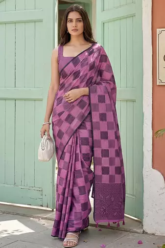 Magenta linen cotton blend saree with geometric checkered patterns