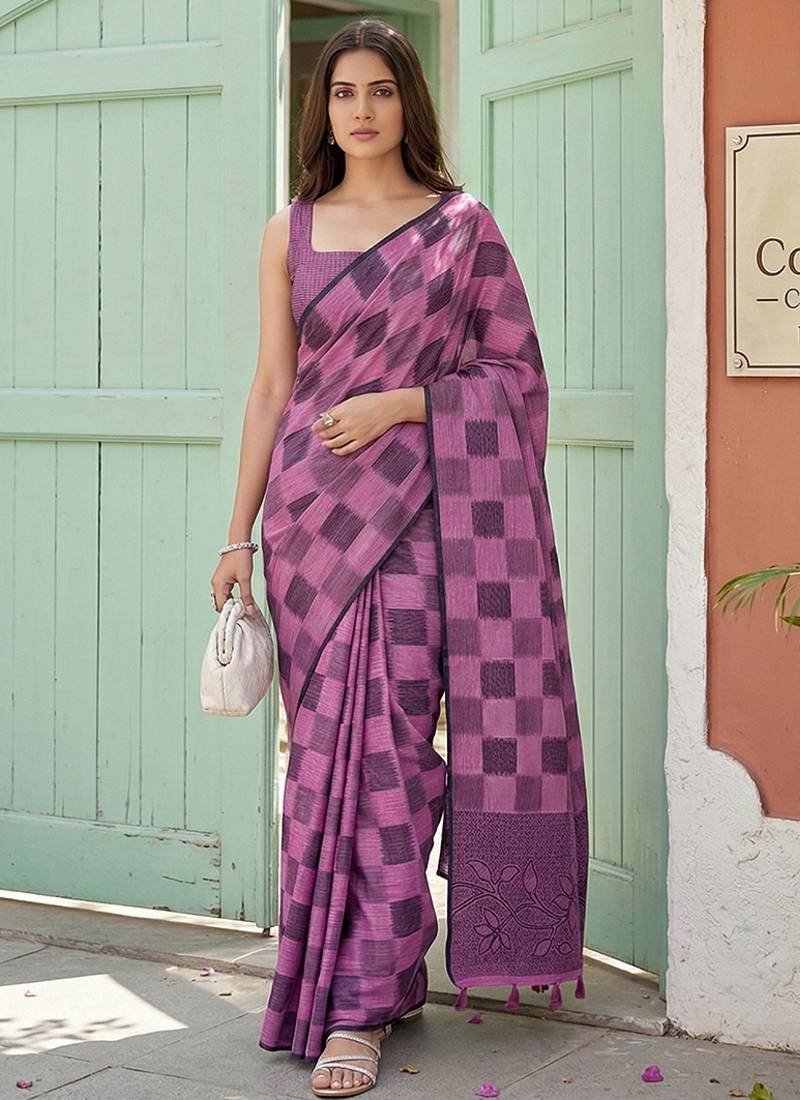 Magenta linen cotton blend saree with geometric checkered patterns