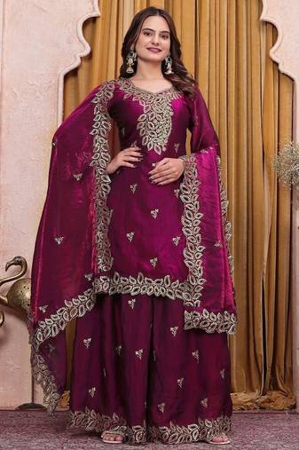 Women's new stylish trendy deep purple embroidered sharara suit set