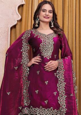 Women's new stylish trendy deep purple embroidered sharara suit set 2