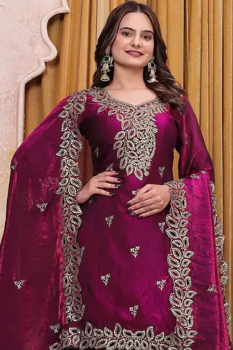 Women's new stylish trendy deep purple embroidered sharara suit set