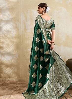 Dark green zari woven banarasi silk blend saree with blouse piece 2
