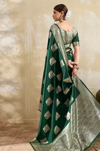 Dark green zari woven banarasi silk blend saree with blouse piece
