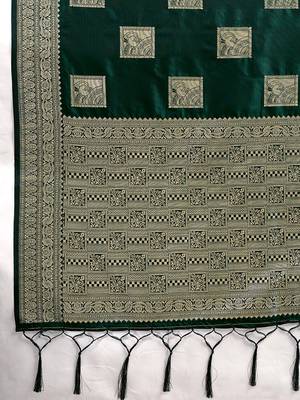 Dark green zari woven banarasi silk blend saree with blouse piece 5